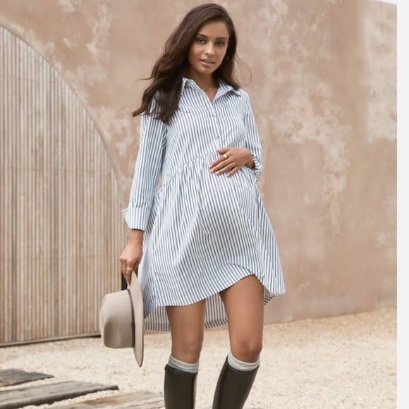 Striped Maternity Shirt Dress - Picture 1 of 6